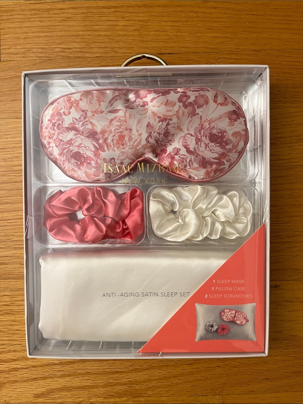 NWT Isaac Mizrahi Pink Floral Satin Sleep Mask with Pink & Cream Scrunchies